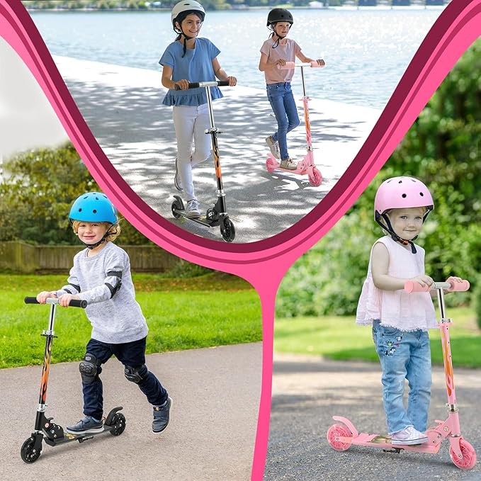 Scooter for Kids Ages 3+, Teens, Foldable Kick Scooter with Light up Wheels, Kickstand, 3 Adjustable Levels, Rear Brake, Lightweight Boys Girls Outdoor Toys for Kids 8-12, Pink