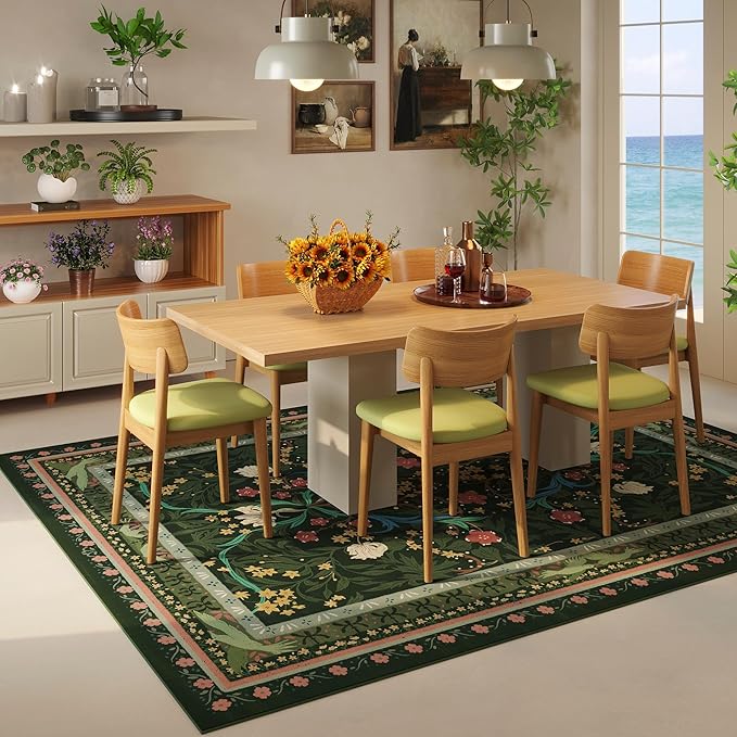 Area Rugs 8x10 for Living Room Clearance Washable Vintage Floral Botanical Rug Non Slip Low Pile Large Rug for Bedroom, Farmhouse, Dining Room, Kids Playroom, Green