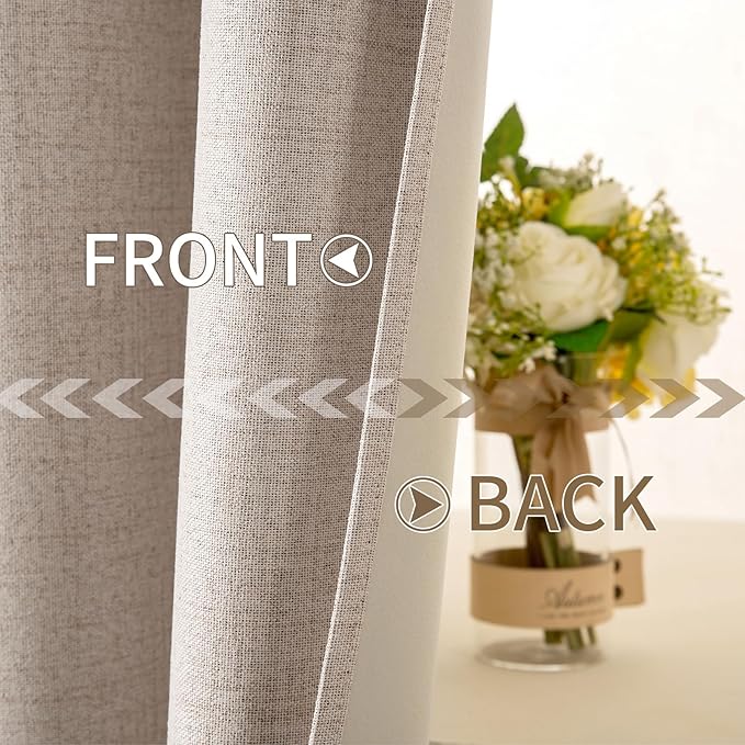 MIULEE 100% Blackout Linen Textured Curtains for Bedroom Solid Thermal Insulated Natural Beige Grommet Room Darkening Curtains & Drapes Luxury Decor for Living Room Nursery 52 x 120 Inch (2 Panels)