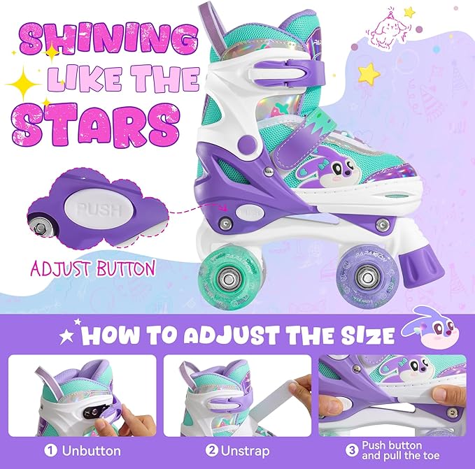 PAPAISON Adjustable Roller Skates for Girls Illuminating Wheels, Kids Toddler Rollerskates Ages 4-6 5-8 8-12