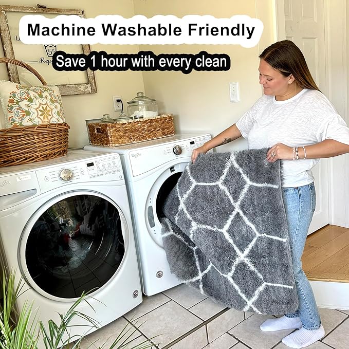 ONASAR Large Area Rugs for Living Room, 7x10 Grey and White Rug, Moroccan Thick Floor Mat for Bedroom Home Decor Aesthetic, Soft Fuzzy Shaggy Plush Fluffy Geometric Carpet for Dorm Classroom