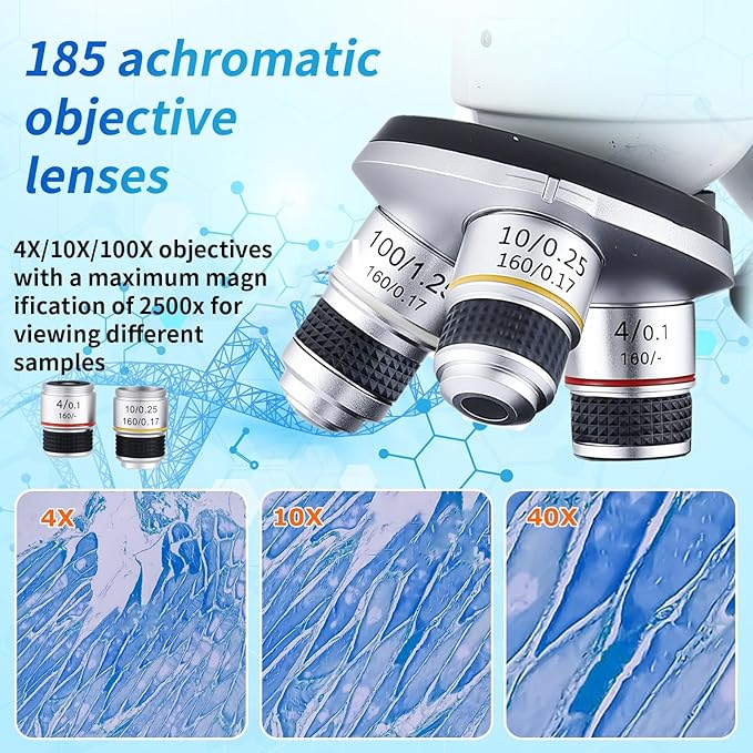 Microscope Magnification 40X-2500X WF10x and WF25x Eyepieces, Dual LED Illumination, Adult Microscope for Schools Home Labs Educational Use