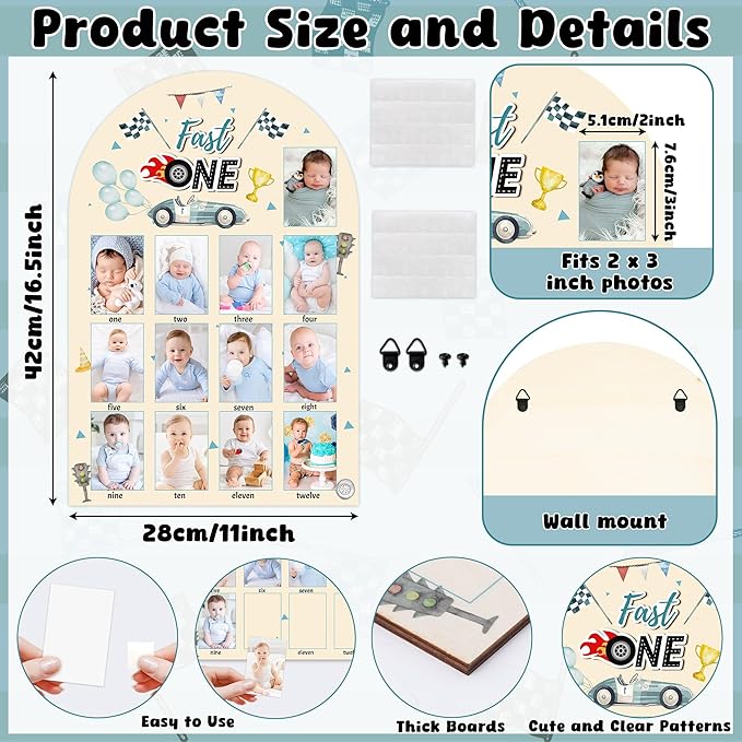R HORSE My First Year Photo Display Wood Board - 3D Race Car Baby's First Year Picture Frame, 12 Months Milestone Board Neutral Baby Keepsake Gift One Year Old Birthday Nursery Decor for Boy