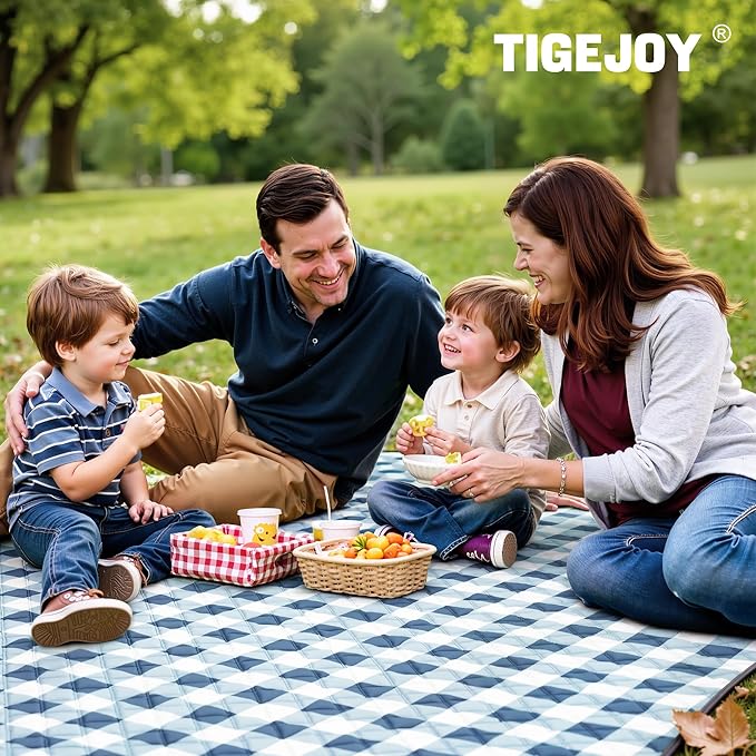 TigeJoy Extra Large Picnic Blanket Waterproof Foldable 80''x118'', Outdoor Picnic Mat Beach Blanket Sandproof for Park, Grass, Travel, Hiking, Camping Essentials, Gingham Picnic Blanket