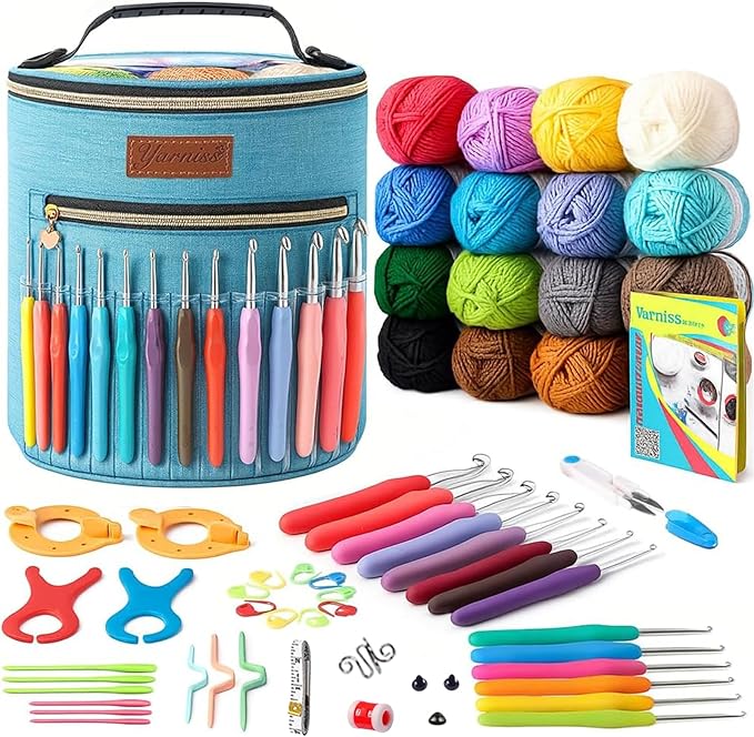 Yarniss Crochet Kits for Beginners,1120 Yards Yarn Kits 16 Colors,Crochet Set with 14 Size Ergonomic Crochet Hooks 2.0mm~14mm,Crochet Bag Organizer