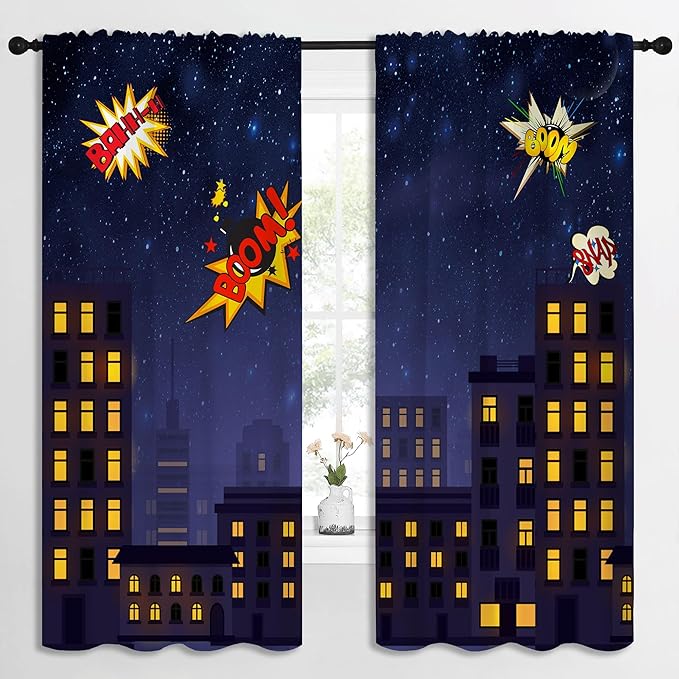 Super Hero Rod Pocket Blackout Curtains for Boy Girl Bedroom, Exploding City Starry Cartoon Skyline Thermal Insulated Home Window Drapes for Living Room Darkening, 72x63 inch
