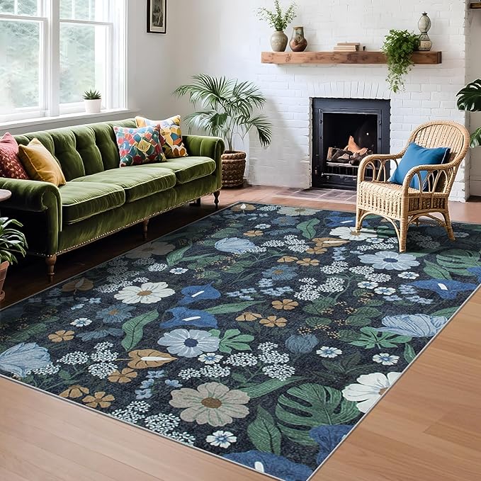 Area Rug Living Room Rugs: 6x9 Washable Rug Vintage Floral Soft Boho Non Slip Carpet Indoor Floor Non Shedding Low Pile Thin Carpets for Bedroom Dining Room Farmhouse Nursery Home Office Blue