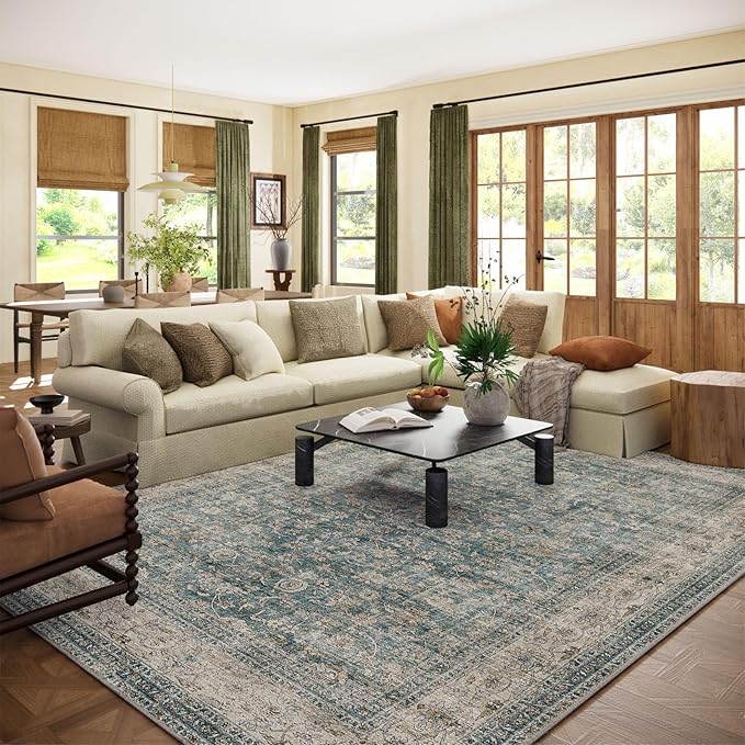Area Rugs 10x14 Living Room: Washable Rugs for Bedroom Vintage Stain Resistant Non Slip Low Pile Large Boho Carpet for Kitchen Dining Room Farmhouse Kids Room Nursery