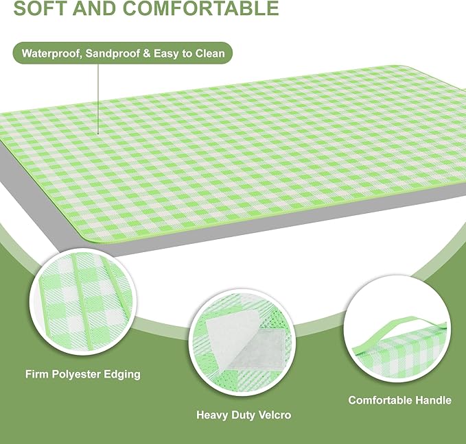 UDEAR Foldable Picnic Blanket,80"x60" Waterproof, Sandproof, Portable with Tote Bag for Beach, Park, Camping, and Travel,Green Plaid