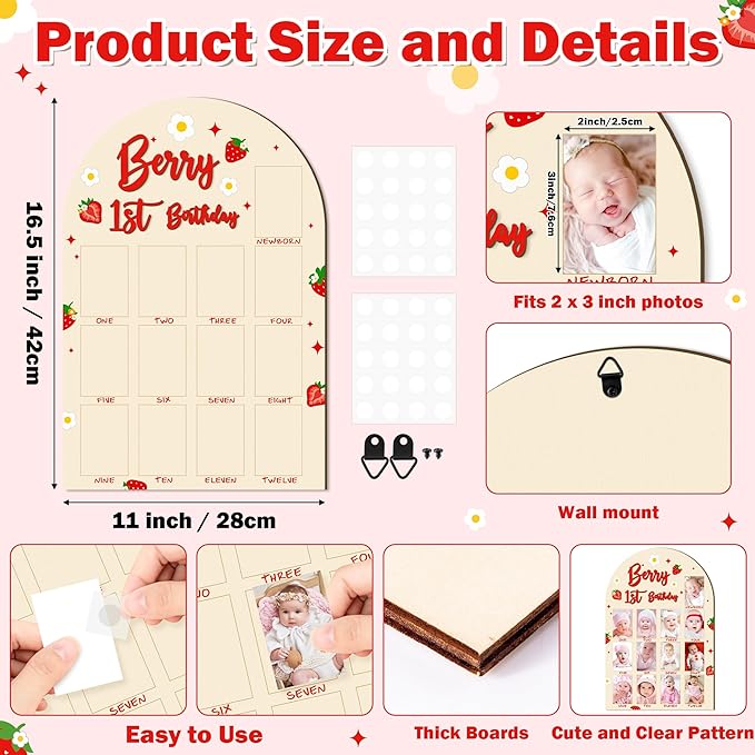 R HORSE 3D Berry 1st Birthday Wood Photo Display Board, Adorable Strawberry Baby's First Year Picture Frame, 1-12 Months Milestone Board Birthday Decorations Keepsake Gift for Baby Girls Nursery Decor