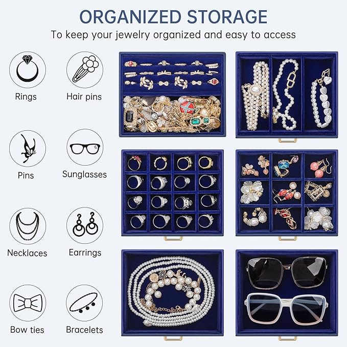 AKOZLIN 6-Tier Jewelry Box Organizer Functional 5 Drawers Leather Jewelry Storage Case for Women Girls Ring Necklace Earring Bracelet Holder Organizer with Mirror Blue