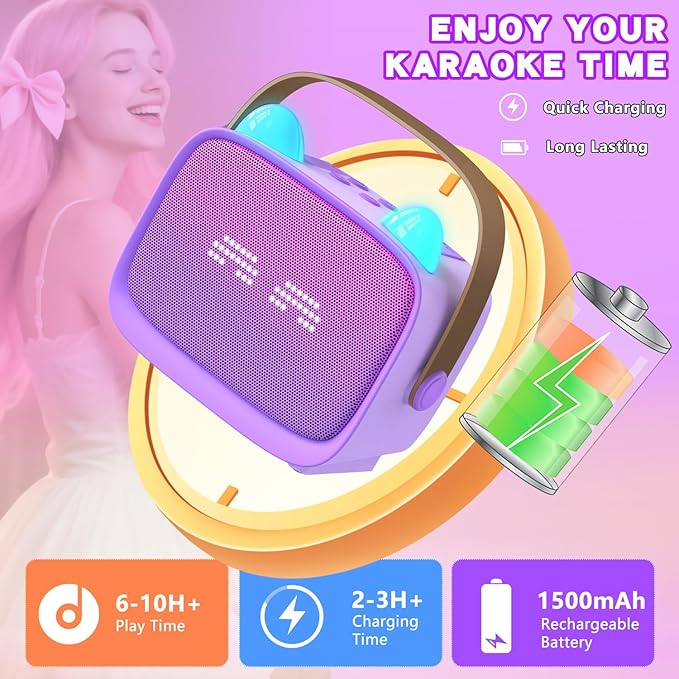 Mgaolo Upgraded Mini Karaoke Machine Toy for Kids, Portable Bluetooth Speaker with 2 Wireless Mics, Emoji & Colorful LED Lights, Home Travel & Party Play Gifts for Boys Girls (Purple)