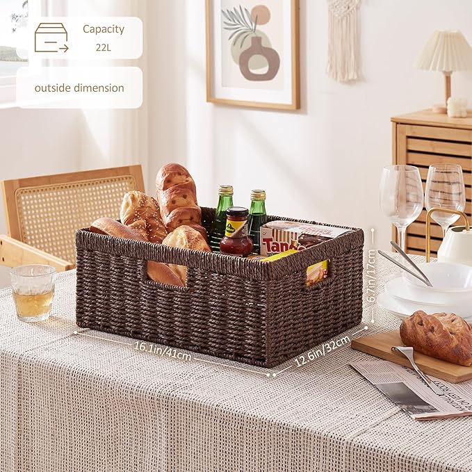 OIAHOMY Wicker Basket, Paper Shelf Basket with Built-in Handles, Rectangular Wicker Storage Bin for Pantry, Shelves, 1 Pack-Brown