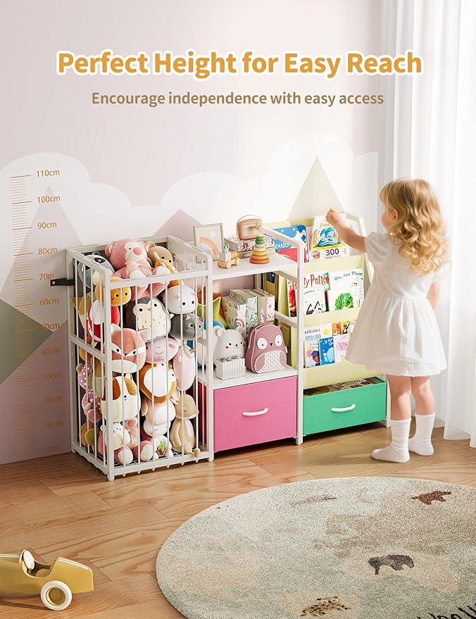 Kids Bookshelf and Toy Storage, Large 3 Tier Book Shelf for Kids Rooms, Sling Baby Bookcase with Stuffed Animal Storage, Toddler Montessori Bookshelf for Nursery, Playroom, Kindergarten