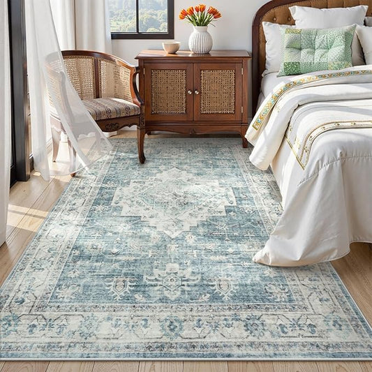 LIVEBOX Bedroom 4x6 Washable Area Rug for Entryway Kitchen, Non-Slip Soft Boho Rugs for Dining Room Office, Farmhouse Low-Pile Neutral Soft Carpet for Nursery Room Playroom, Blue