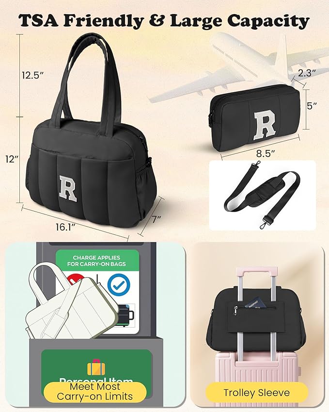 Women Duffle Bag with Initial, Personal Item Travel Bags，Gifts for Women-Gym Bag with Wet Pocket，Lightweight Travel Bags Personalized Tote with Makeup Pouch