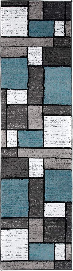 Rugshop Contemporary Modern Boxes for Home Office,Living Room,Bedroom,Kitchen Non Shedding Runner Rug 2' x 10' Blue/Gray