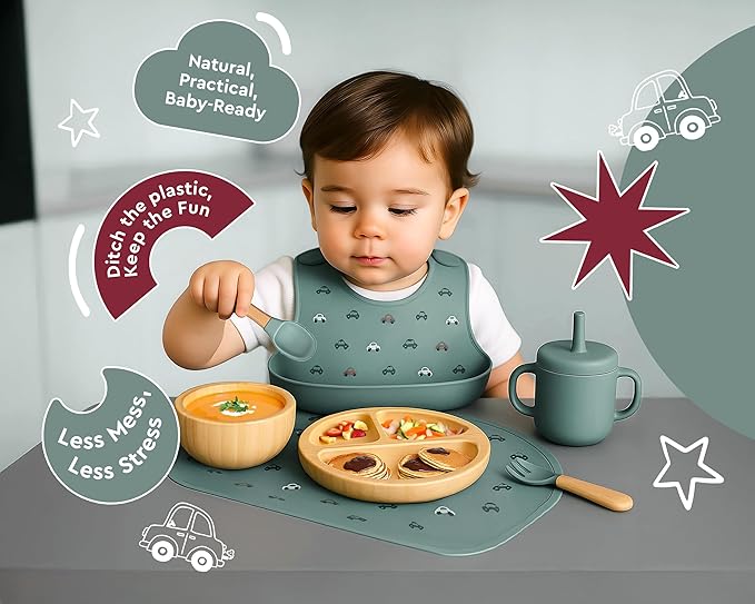Bamboo Baby Feeding Set for Infants & Toddlers - Baby Essentials, Non-Toxic, Sustainable, Bamboo Suction Plate & Bowl, Bib, Sippy Cup w/Lid & Straw, Perfect Baby Shower Gifts (Pine Gray)