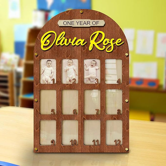 V-DECORPARKS Personalized My First Year Photo Frame | 12 Months Picture Frame For Baby First Year | Displays Twelve 2x3 Pictures | Birthday Party Decor Newborn Memory Keepsake, Style MP4