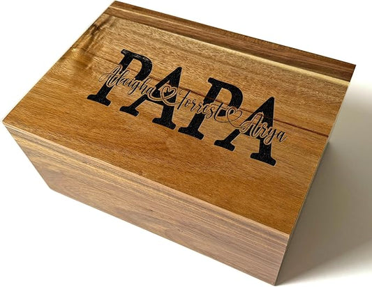 Personalized Christmas Gifts for Dad - Custom Engraved Wooden Box with Kids Names, Unique Father's Day Gift Idea, Grandpa Papa Gift Xmas, Acacia Wood Keepsake Box 11x8x4.75 in