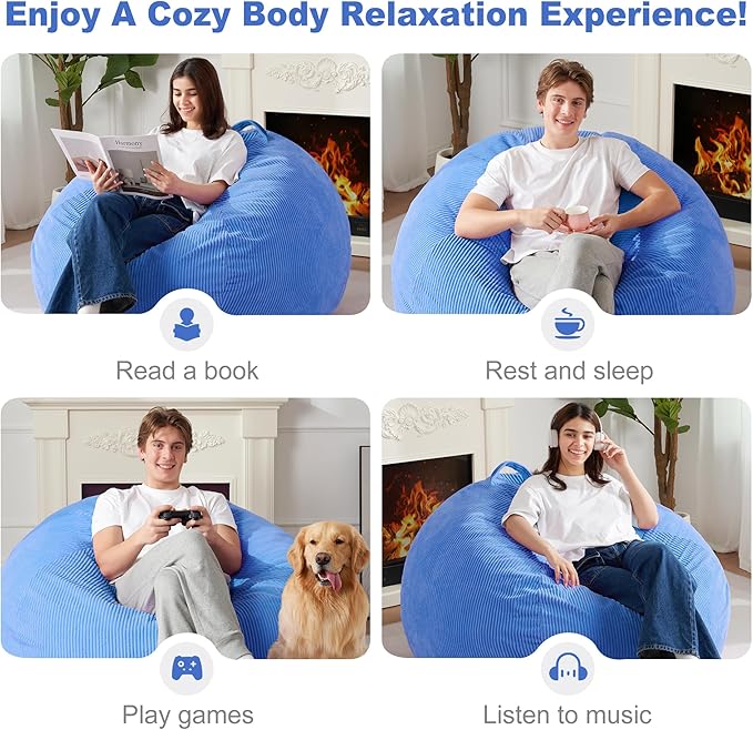 Homguava 3.5FT Bean Bag Chair: Teardrop Bean Bags with Memory Foam Filled, Compact Beanbag Chairs Soft Sofa with Corduroy Cover (Blue)