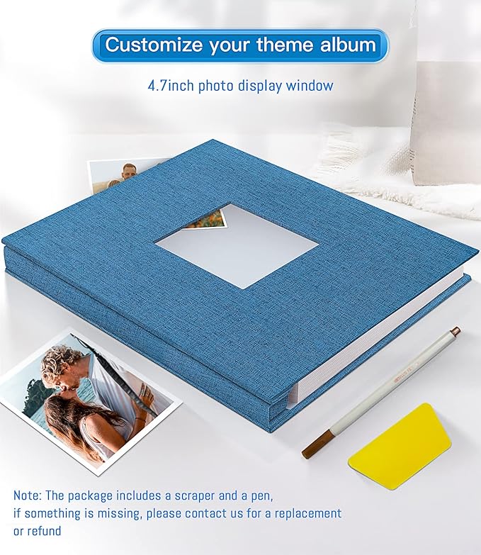 popotop Photo Album Self Adhesive with Picture Display Window,60 Pages DIY Scrapbooking Supplies Kit for 4x6 10x12 Picture,Linen Cover Memory Book for Baby Wedding, with Scraper and Metallic Pen