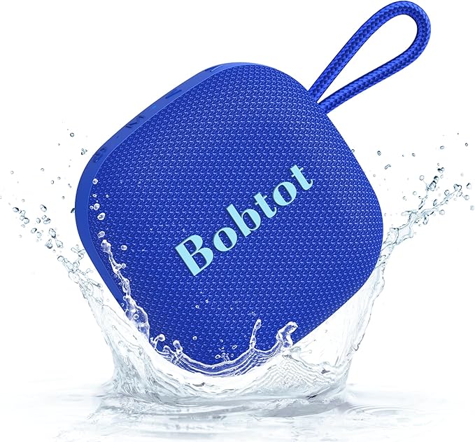 Bobtot Portable Wireless Bluetooth Speakers - IPX7 Waterproof Small Shower Speaker with 16 Hours Playtime, Loud Stereo Sound, Built-in Mic, TWS, Mini Size with Carry Lanyard for Outdoor, Blue