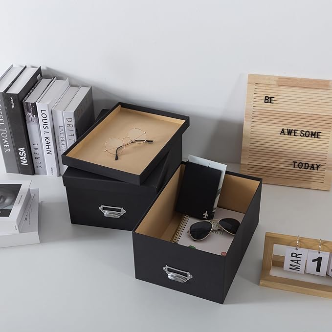 Soul & Lane Black Decorative Cardboard Storage Boxes with Lids, Set of 2 Stacking Keepsake Photo and Memory Boxes for Home & Office, Elegant Paperboard Organizers with Label Holders and Drawer Pulls