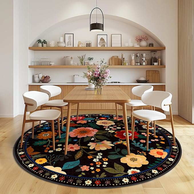 Floral 8ft Area Rug Machine Washable Soft Print Boho Carpet Non Slip Doormat Low Pile Flower Area Rugs for Living Room Bedroom Nursery Kitchen Dining Room Indoor-Black