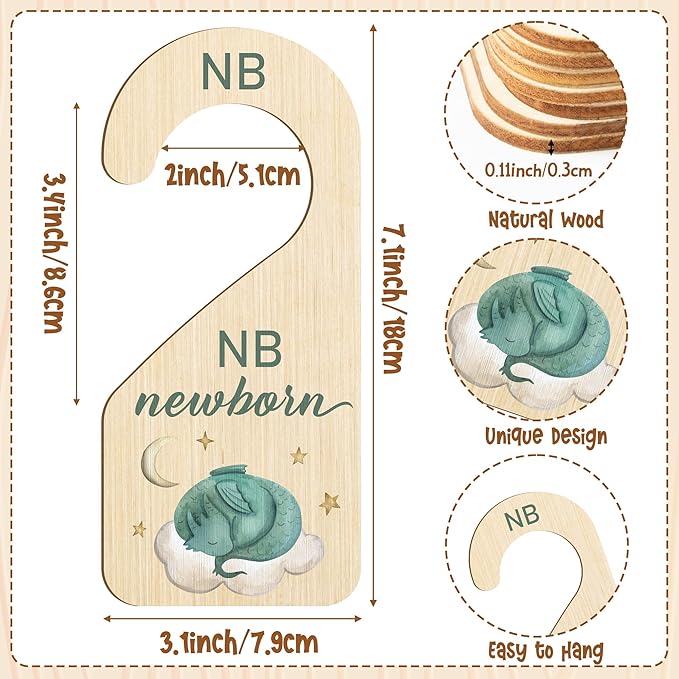 R HORSE Wooden Baby Closet Dividers - 8Pcs Dragon Baby Closet Organizer, Double-Sided Newborn Clothes Size Hanger Dividers, Nursery Decor Birthday Gift for Boy Girl (0-24 Months)