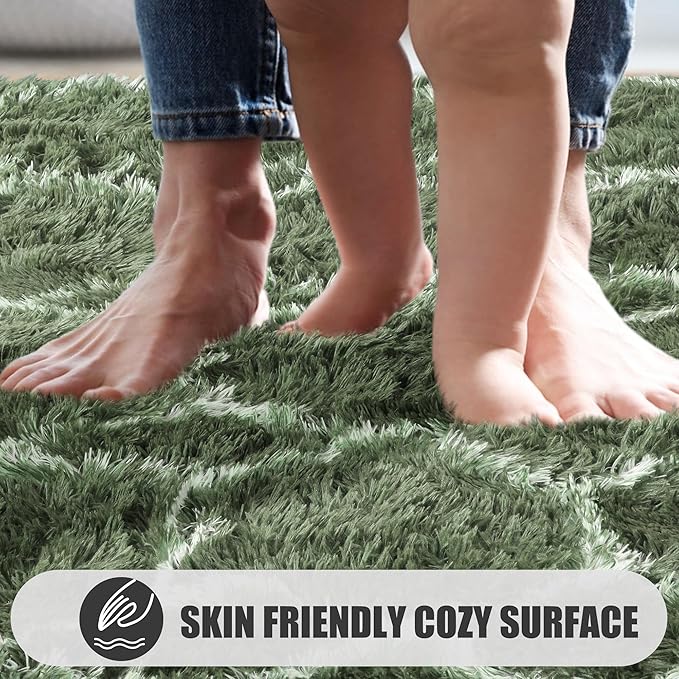 ONASAR 5x7 Area Rugs for Living Room Bedroom, Washable Fluffy Olive Green and White Throw Rug, Geometric Boho Soft Plush Shaggy Floor Carpet for Nursery Kids Girls Boys Teen Dorm Home Decor