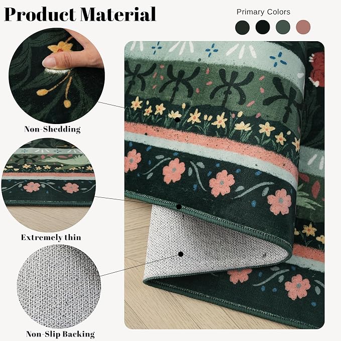 Runner Rug for Kitchen Rug Non Slip 2'x6' Washable Rugs with Rubber Backing Soft Vintage Floral Botanical Carpet Runner for Kitchen, Laundry, Bedroom, Bathroom, Green