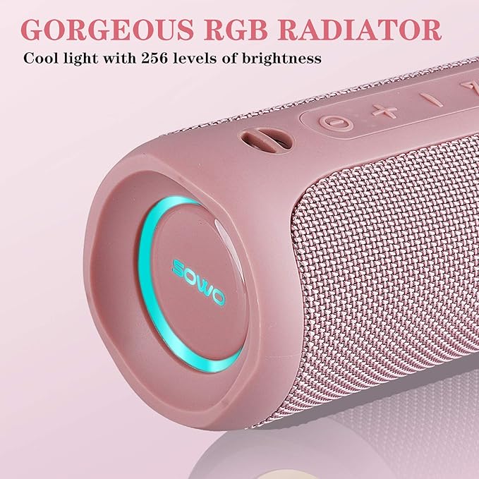 SOWO Outdoor Wireless Portable Bluetooth Speaker, IPX7 Waterproof Speaker, 25W Loud Sound, Bassboom Technology, TWS Pairing, 16H Playtime with Lights - Pink