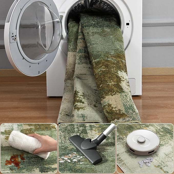 Entryway Rug 2x3 Green Rug, Washable Abstract Small Rugs Non-Slip Low Pile Throw Rugs for Kitchen Floor, Front Door, Bedroom Bedside