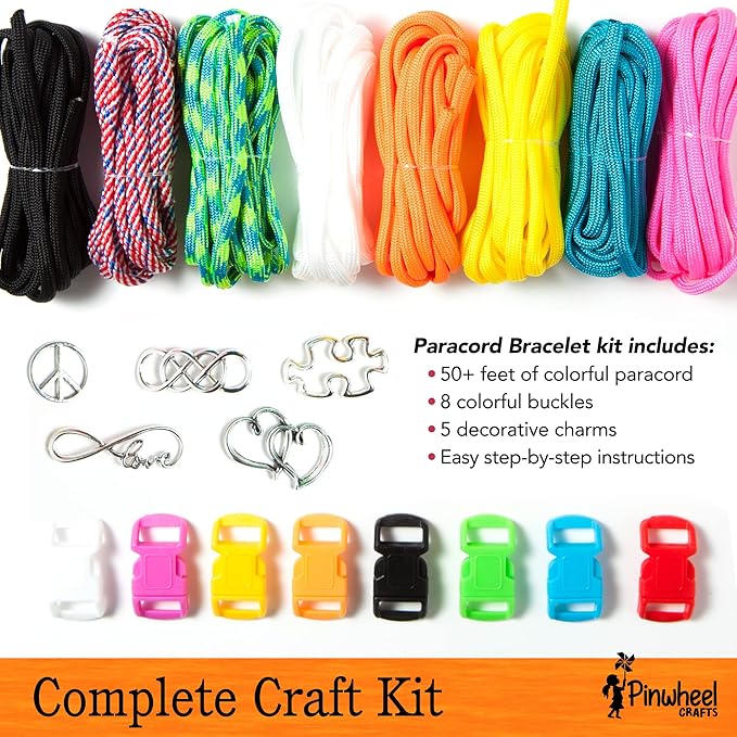Pinwheel Crafts Paracord Bracelet Kit - DIY Kids Crafts, Paracord Bracelet w/Sturdy Buckle & Paracord 550 Cord - 8 Colorful Friendship Bracelets Gifts - Jewelry Making Kit for Girls 8-12 Years Old