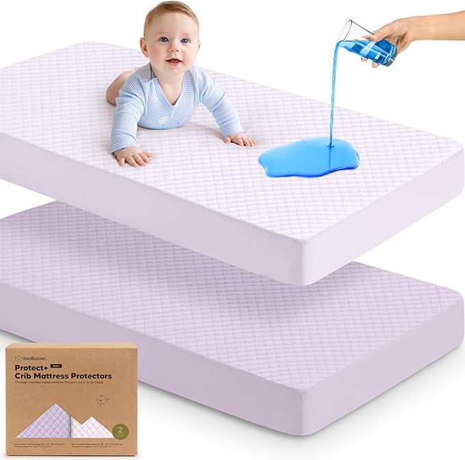Waterproof Crib Mattress Protector Cover Fitted - 2-Pack Quiet Baby Crib Mattress Pad Sheets, 52" x 28" Soft Quilted Cotton Baby Sheet, Machine Washable, Easy Fit, Durable (Lilac/Quin)