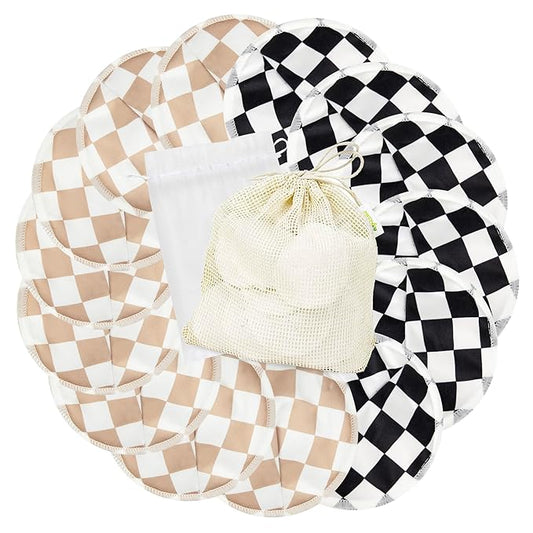 wegreeco Nursing Breast Pads (14 Pack) + Laundry Bag & Travel Storage Bag, 4.7 inch - Washable & Reusable Breastfeeding Nursing Pads (Light Coffee, Black Checkerboard, Large, Contoured Shape)