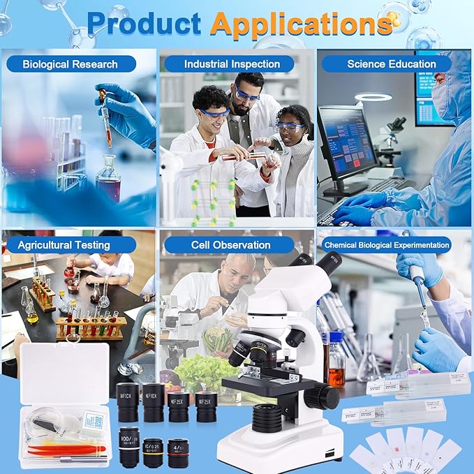 Binocular Microscope Magnification 40X-2500X, WF10x and WF25x Eyepieces, Dual LED Illumination, Suitable for Schools Home Labs Educational Adult Microscope