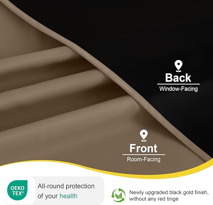 NICETOWN 100% Blackout Curtains for Bedroom, Thermal Insulated Window Drapes Room Darkening Cafe Curtains for Living Room with Grommet Top, 52 x 63 Inch Long, 2 Panels, Khaki