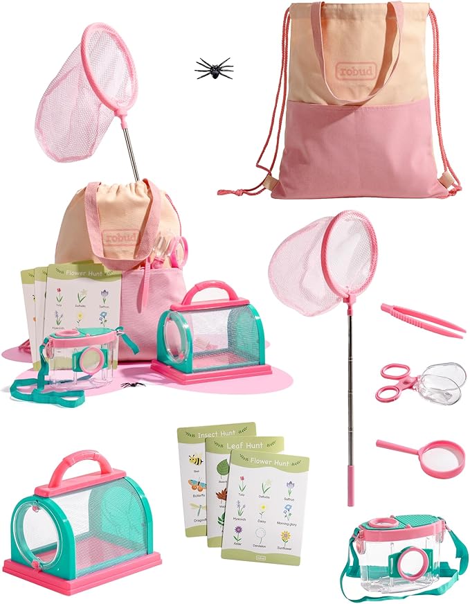 ROBUD Kids Explorer Kit, Bug Catcher Kit with Bag Kit, Pink Outdoor Exploration Set for Camping, Montessroi Toy for Kids Coming Closer to Nature，WRP28
