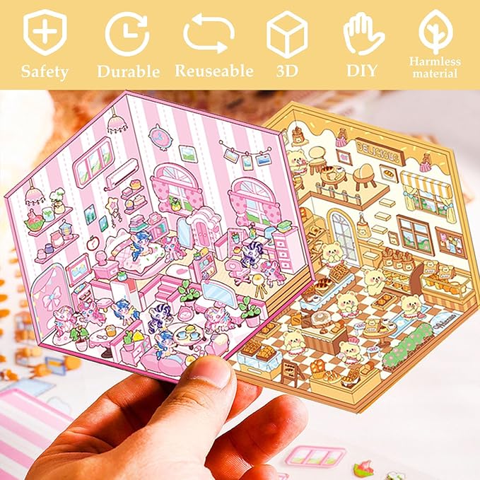 DIY 3D Sticker for Kids, 6 Sets of Cute Stickers for Girls Adult Isometric Sticker Scene Kids Reuseable and Waterproof Stickers