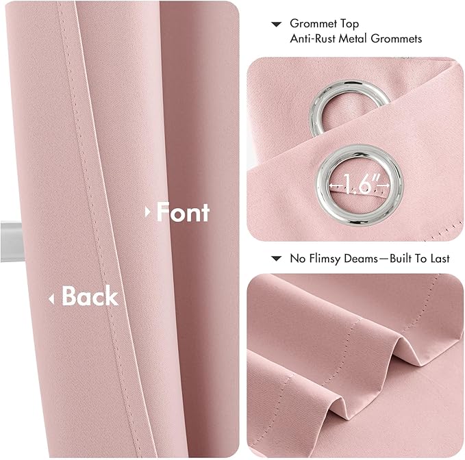 MIULEE Baby Pink Blackout Curtains for Girls Bedroom Living Room 63 Inches Long 2 Panels, Nursery Thermal Insulated Room Darkening Drapes Solid Grommet Top Noise Reducing Window Curtains 40x63 Inch