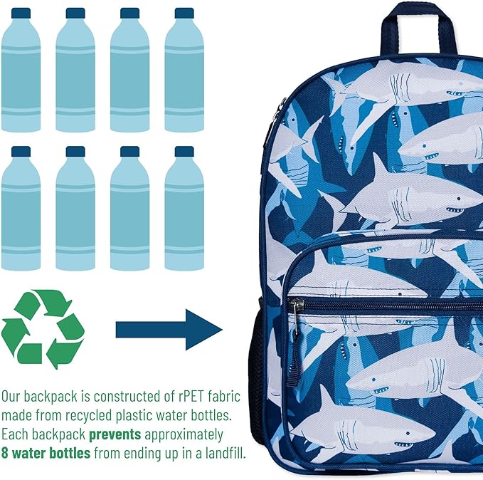 Wildkin ECO rPET Kids Backpack – Recycled, Padded, Adjustable for School & Travel – Sharks