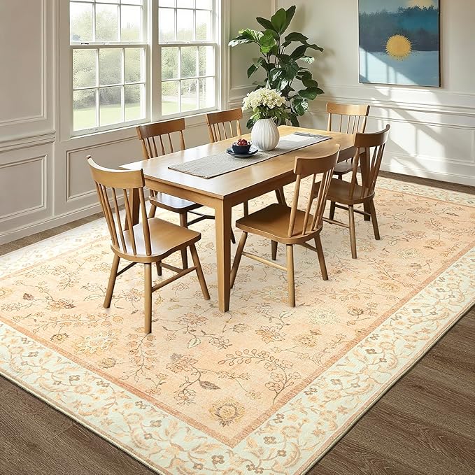 LOCHAS Washable Area Rugs 5x7, Peach Floral Rug for Living Room Bedroom Non Slip, Ultra Soft Vintage Indoor Carpet for Kids, Nursery, Dorm, Dining Room, Classroom, Boho Flower Home Decor, Low-Pile