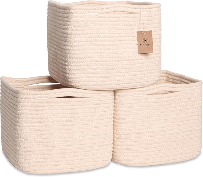 NaturalCozy Storage Cubes 9”x9”x7”Cotton Rope Woven Baskets for Organizing 3-Pack | 9 Inch Cube Storage Bin | Small Basket for Shelf Nursery, Pantry, Decorative Plant, Bathroom Closet, Toy Gift