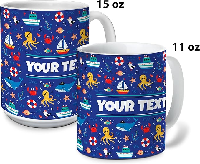 Personalized Mug for Kids - Nautical - Custom Name/Text, Ceramic Hot Chocolate/Cocoa/Coffee Cup for Boys/Girls, Birthday/Christmas/Holiday Gift - 11 oz, Navy Blue Handle