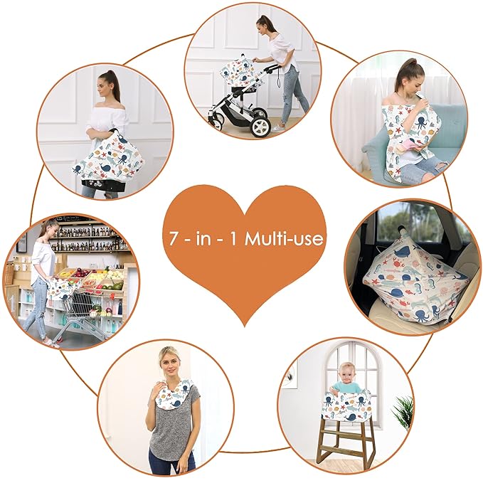 Carseat Cover Boy and Girls - Multi-use Nursing Car Seat Canopy Cover for Breastfeeding, Infant Stroller Cover, High Chair Cover (Cute Fish)