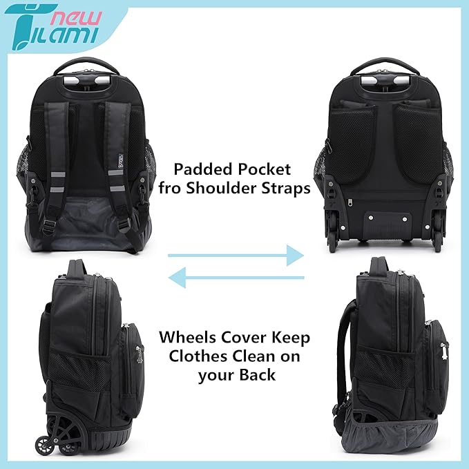 NEW TILAMI 18 inch Rolling Backpack for Kids - Waterproof, Stair-Climbing, Durable, Personalized Design for School, Travel, Black