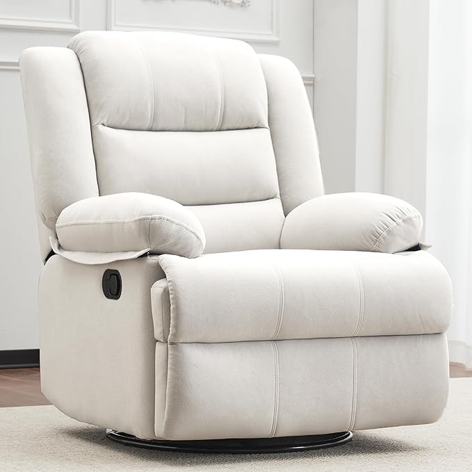 Swivel Rocking Recliner Chair for Adults, Overstuffed Manual Glider Rocker Recliner Chairs, Upholstered Reclining Single Sofa for Living Room Nursery (Beige)