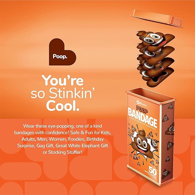 BioSwiss Bandages, Poop Shaped Self Adhesive Bandage, Latex Free Sterile Wound Care, Fun First Aid Kit Supplies for Kids, 50 Count